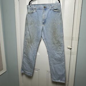 Wrangler Jeans Mens 36x32 Blue Denim Zip Fly Straight Cut 100% Cotton *Stains